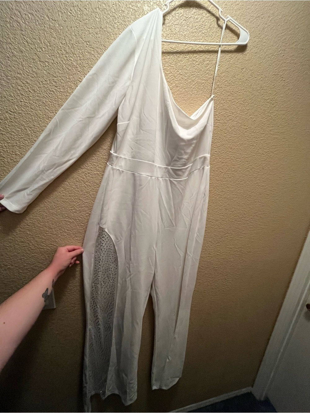 Symphony White One-Shoulder Jumpsuit with Mesh Side Panel